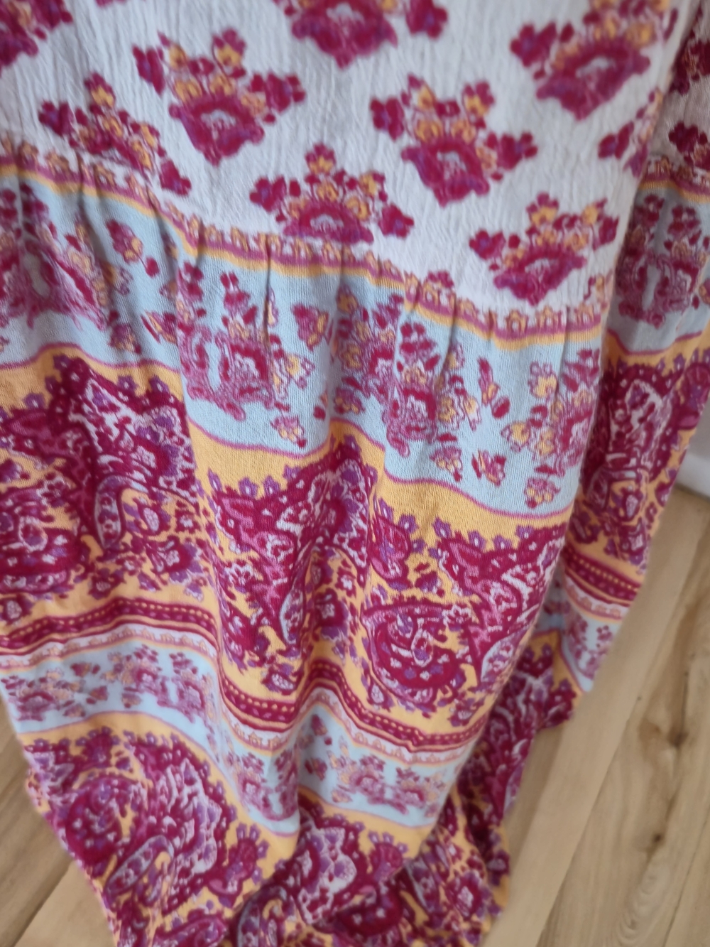 Boho Paisley Crinkle Maxi Dress Pink Yellow Casual Festival, Sun Dress - Picture 5 of 11